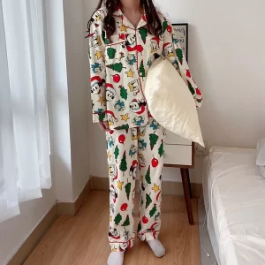 2024 New Christmas Mickey Sleepwear Women's Long Sleeve Top Loose Pants Home Clothes Fashion Set Casual Cartoon Couple Sleepwear
